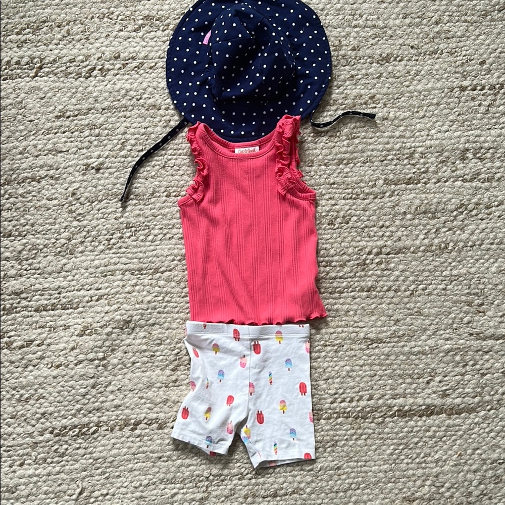 Cat & Jack Pink Ruffle Tank and Ice Cream Shorts Set with Polka Dot Hat 2T